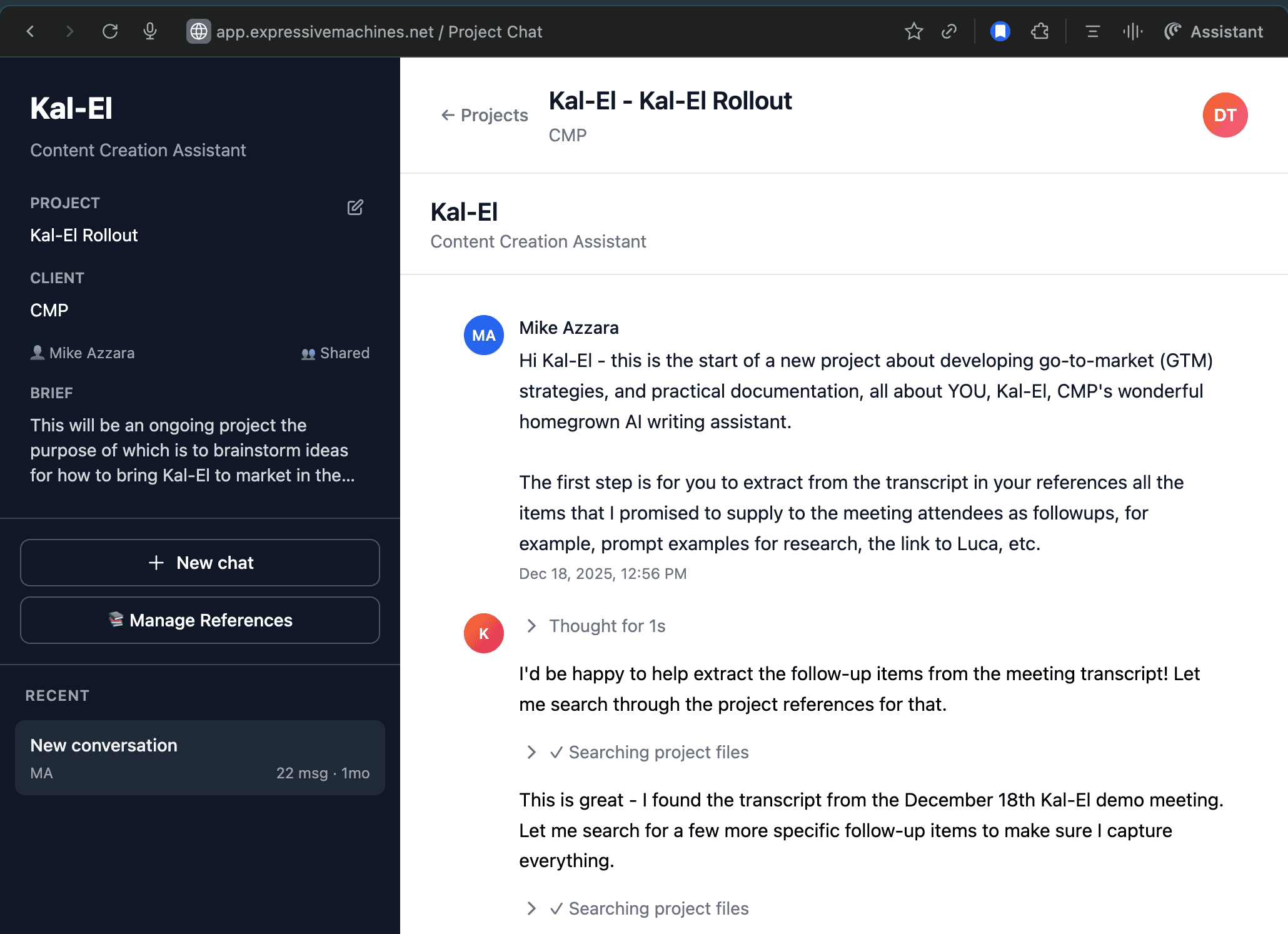 Kal-El chat interface showing AI writing assistant conversation