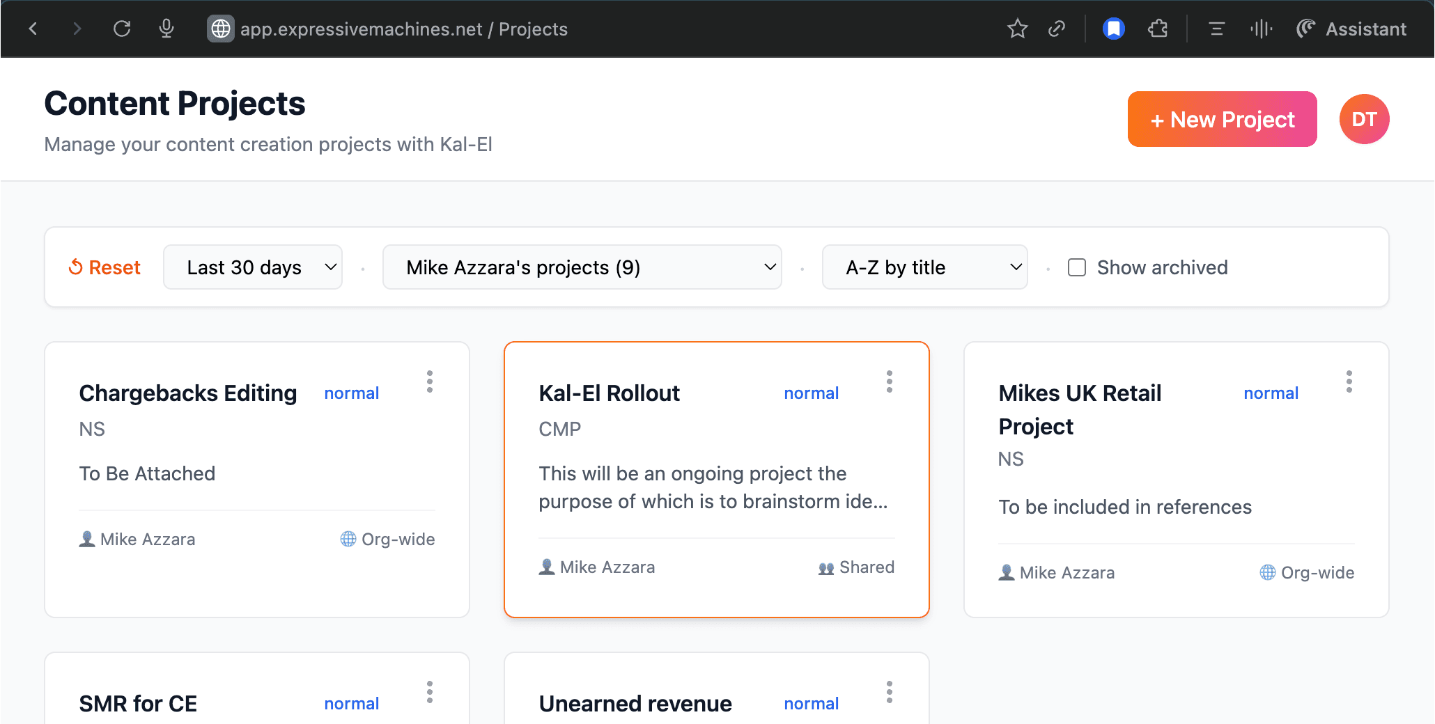 Kal-El Content Projects dashboard showing multiple client writing projects